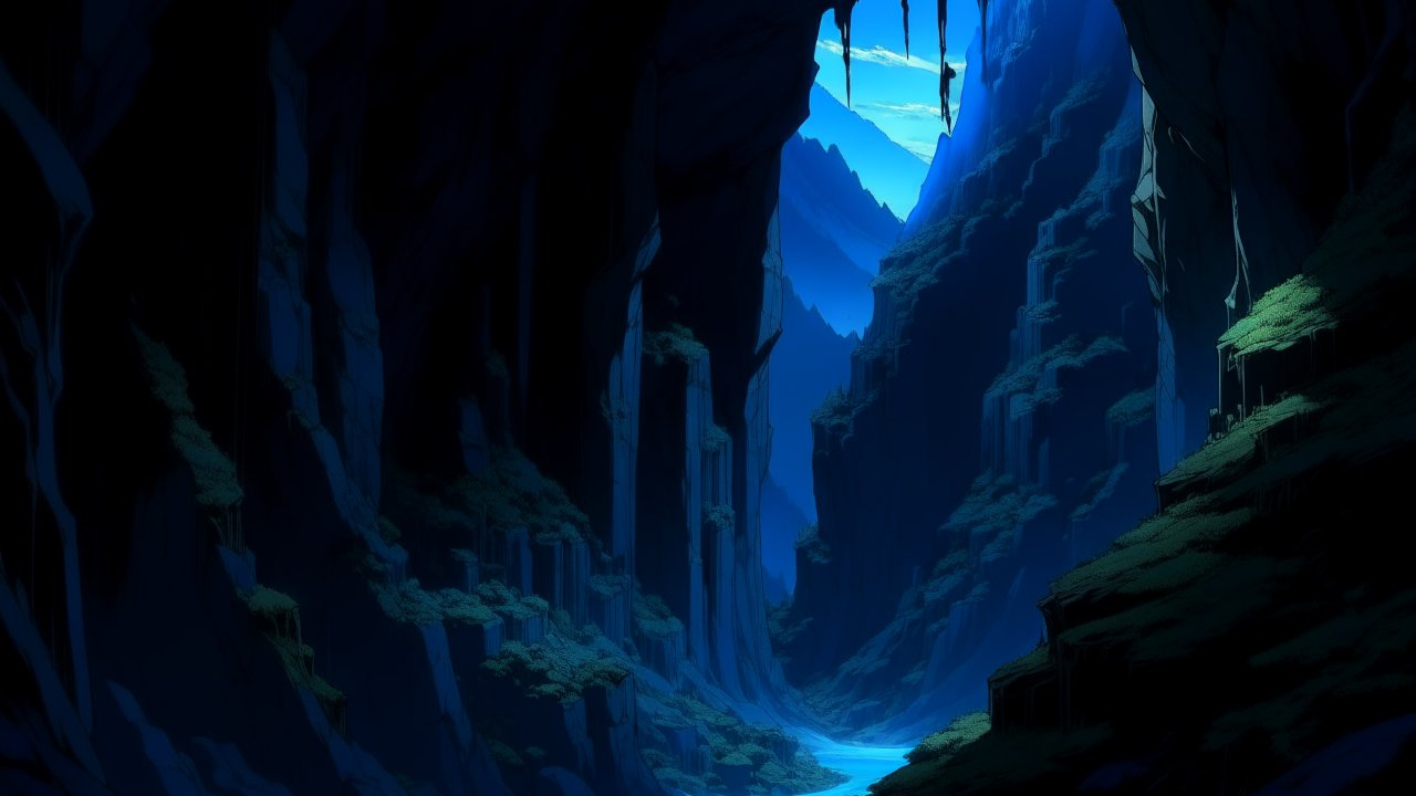 Mysterious Blue Mountain Gorge in Anime Style