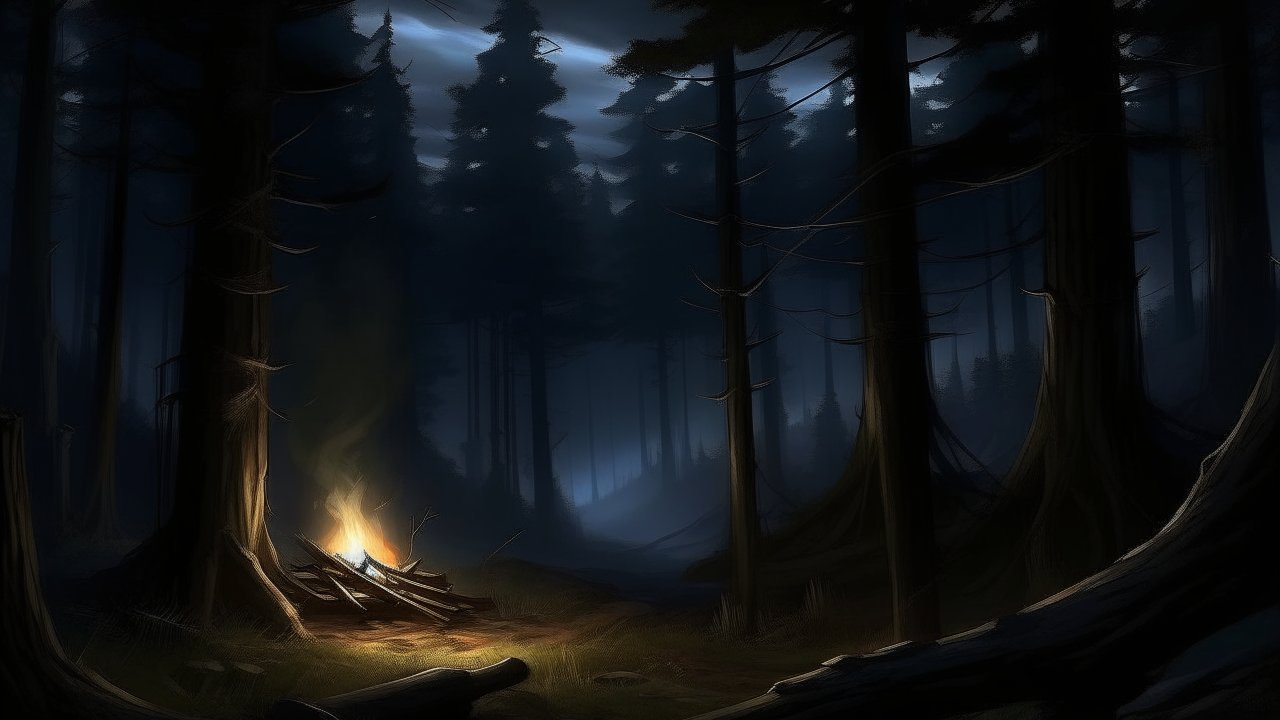 Mysterious Campfire in a Dark Forest at Night