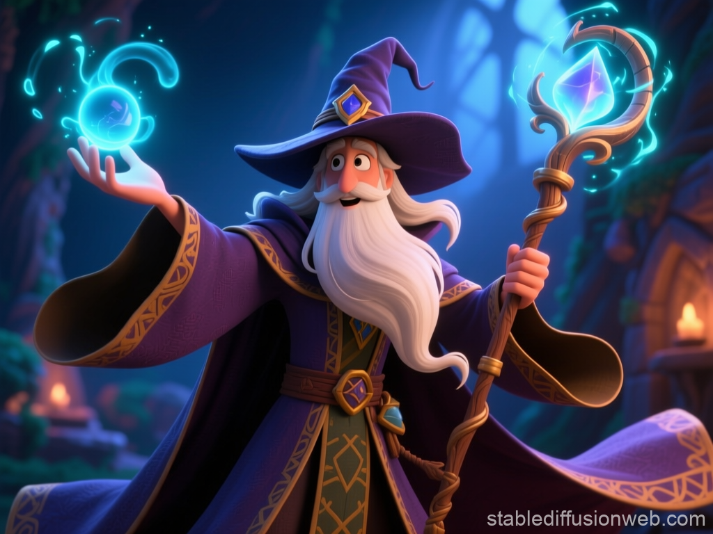 Mysterious Cartoon Wizard Casting Magic