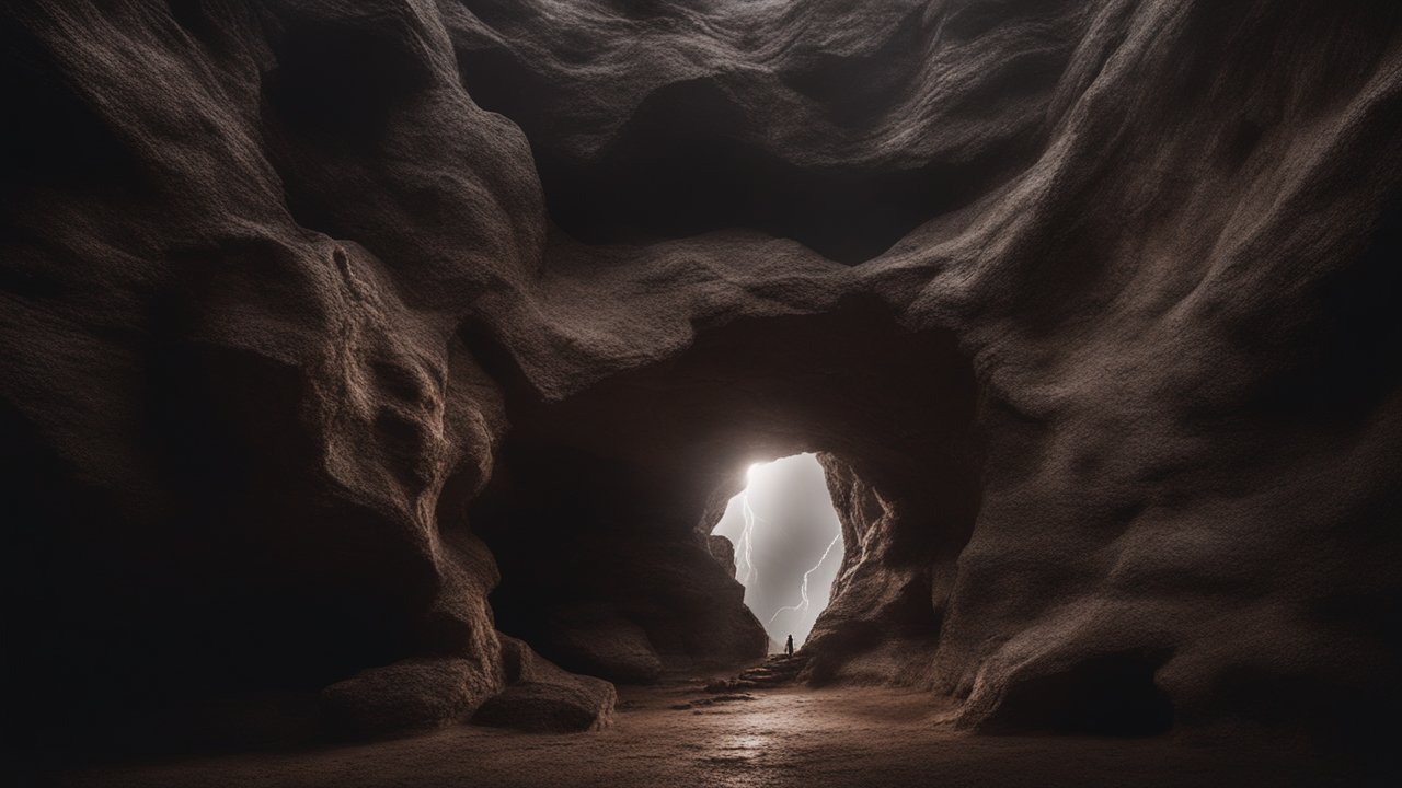 Mysterious Cave Entrance with Lightning Storm