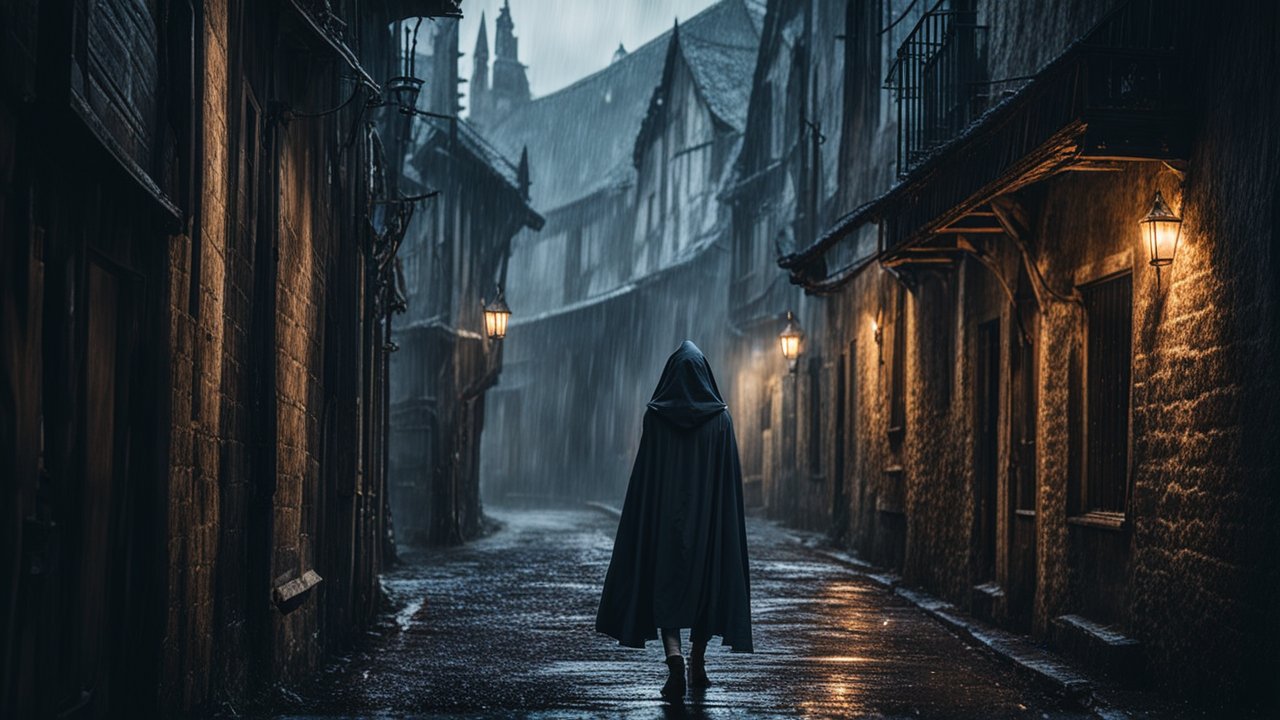 Mysterious Cloaked Figure Walking Through Rainy Medieval Street