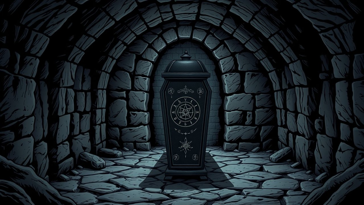 Mysterious Coffin in a Dark Stone Chamber