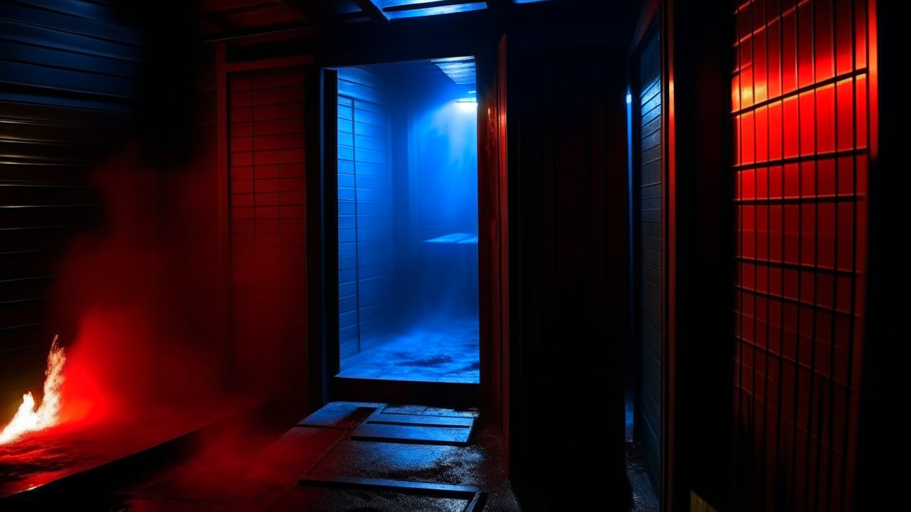 Mysterious Corridor Illuminated by Red and Blue Lights
