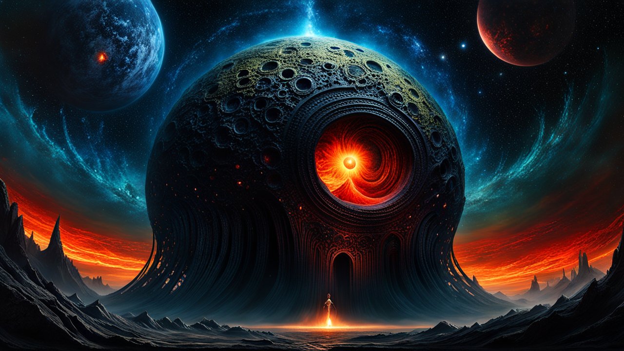 Mysterious Cosmic Monolith with Fiery Core on Alien Landscape