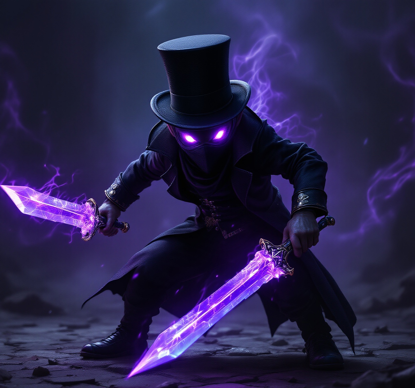Mysterious Dark Figure with Glowing Purple Swords