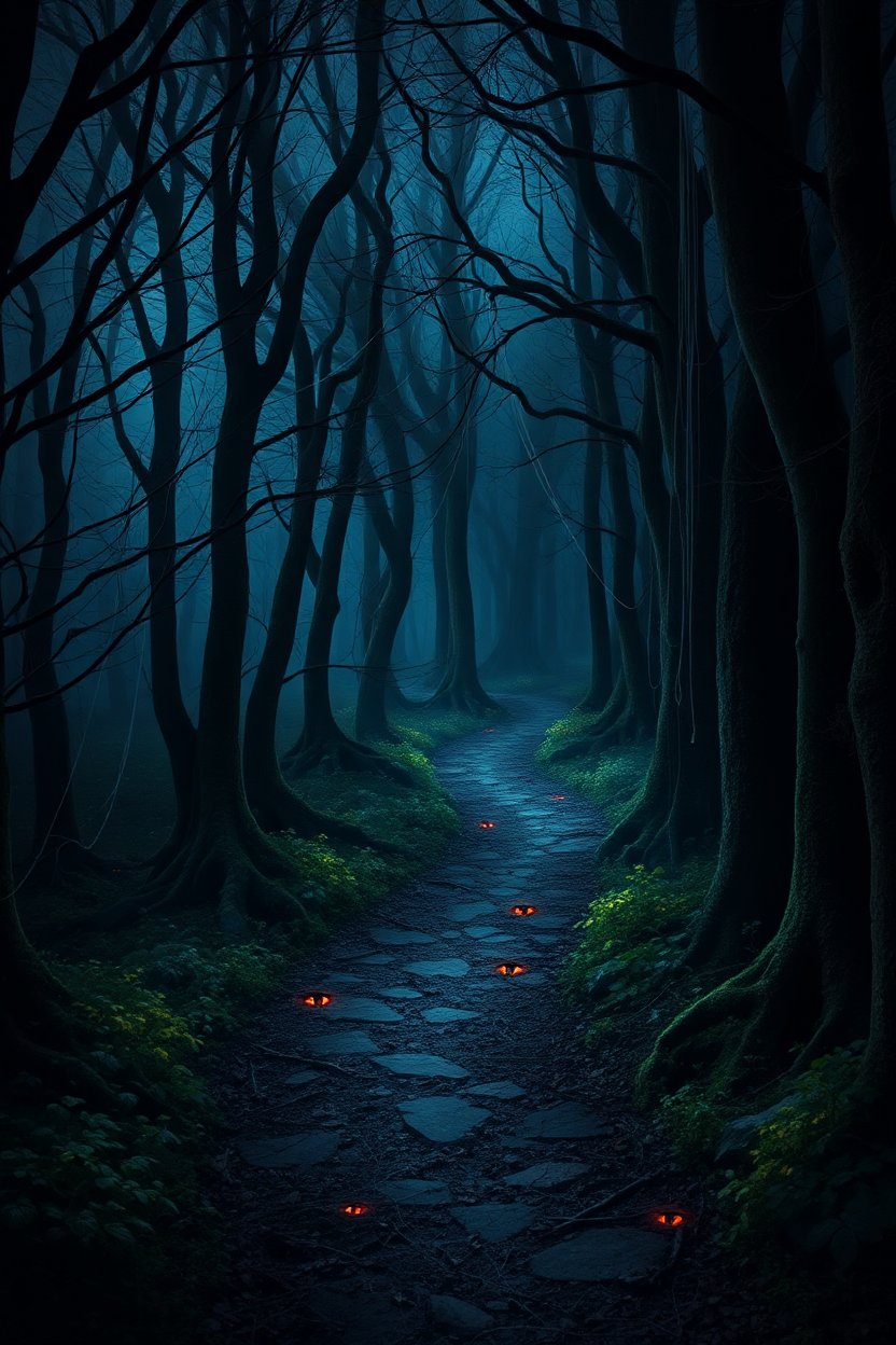 Mysterious Dark Forest Path with Glowing Eyes