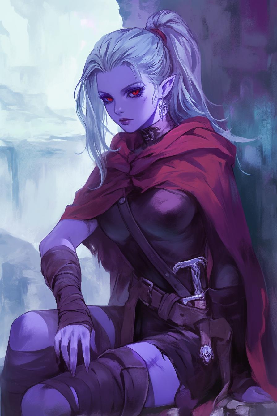 Mysterious Drow Warrior with Red Eyes and Cloak
