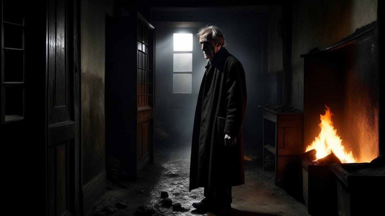Mysterious Elderly Man in Dimly Lit Room with Fire