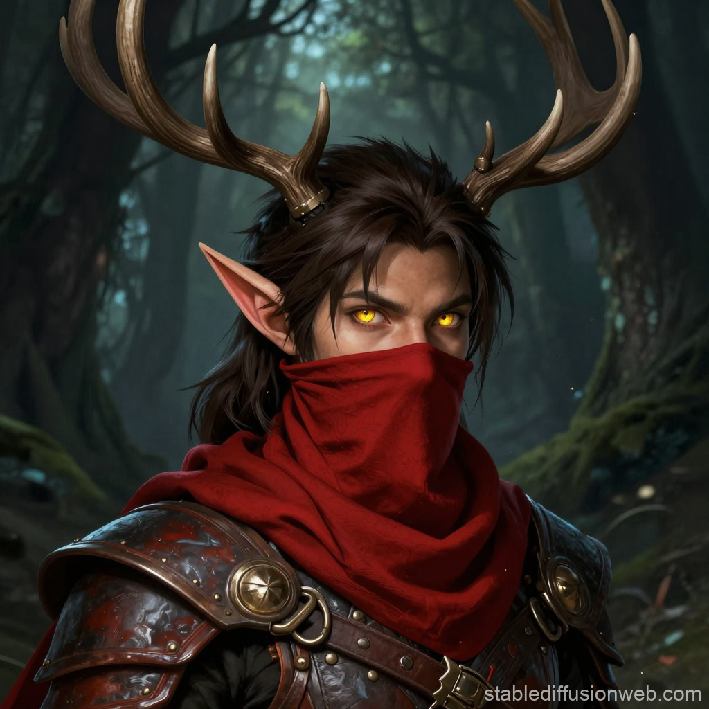 Mysterious Elf Ranger with Glowing Eyes and Antlers
