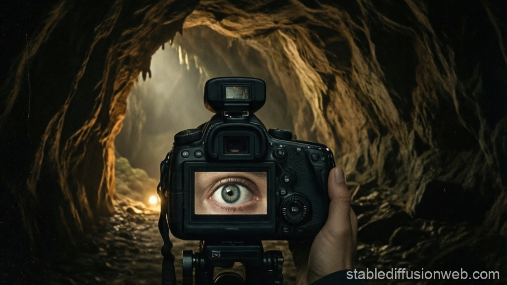 Mysterious Eye Through Camera in Cave Entrance