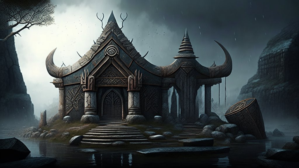 Mysterious Fantasy Temple in a Stormy Landscape
