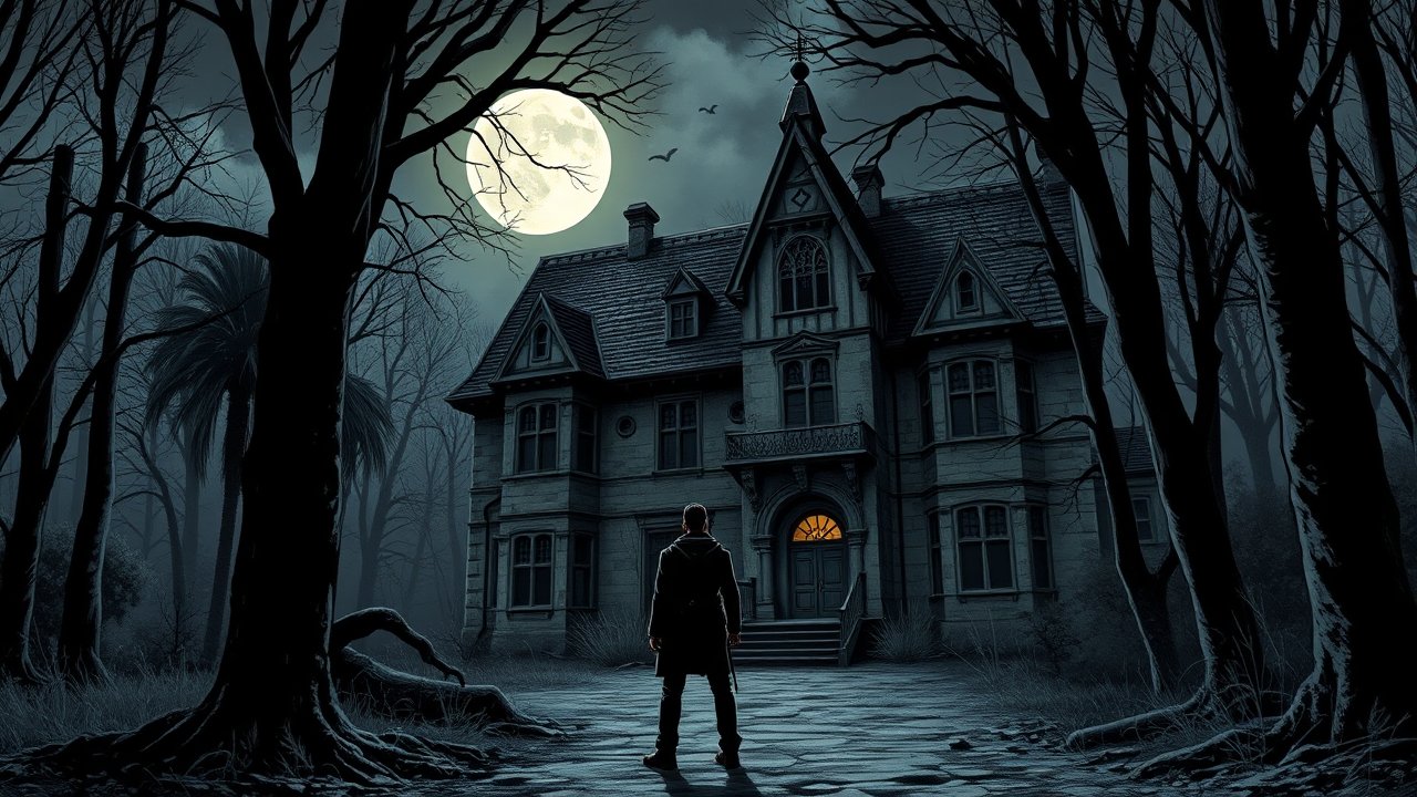 Mysterious Figure Approaches Haunted Mansion Under Full Moon