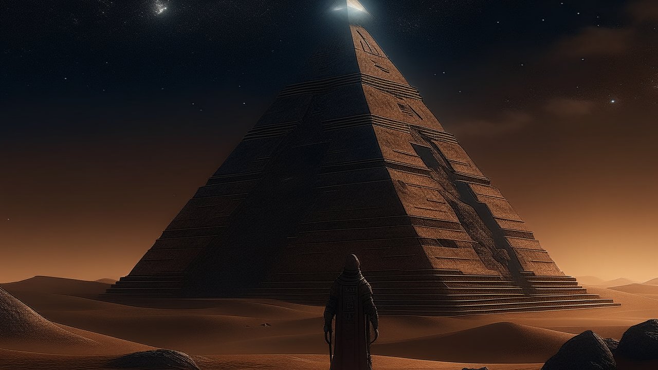 Mysterious Figure Approaching a Giant Ancient Pyramid at Night