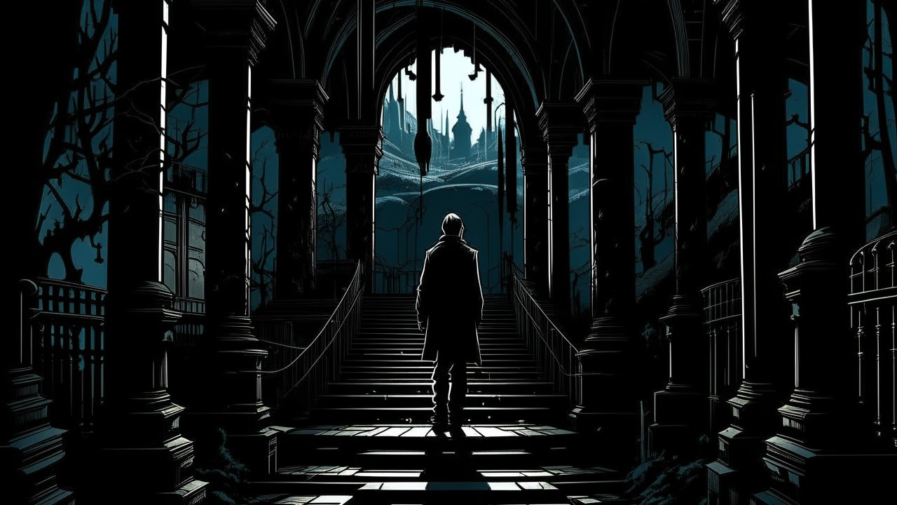 Mysterious Figure Approaching Gothic Castle at Dusk