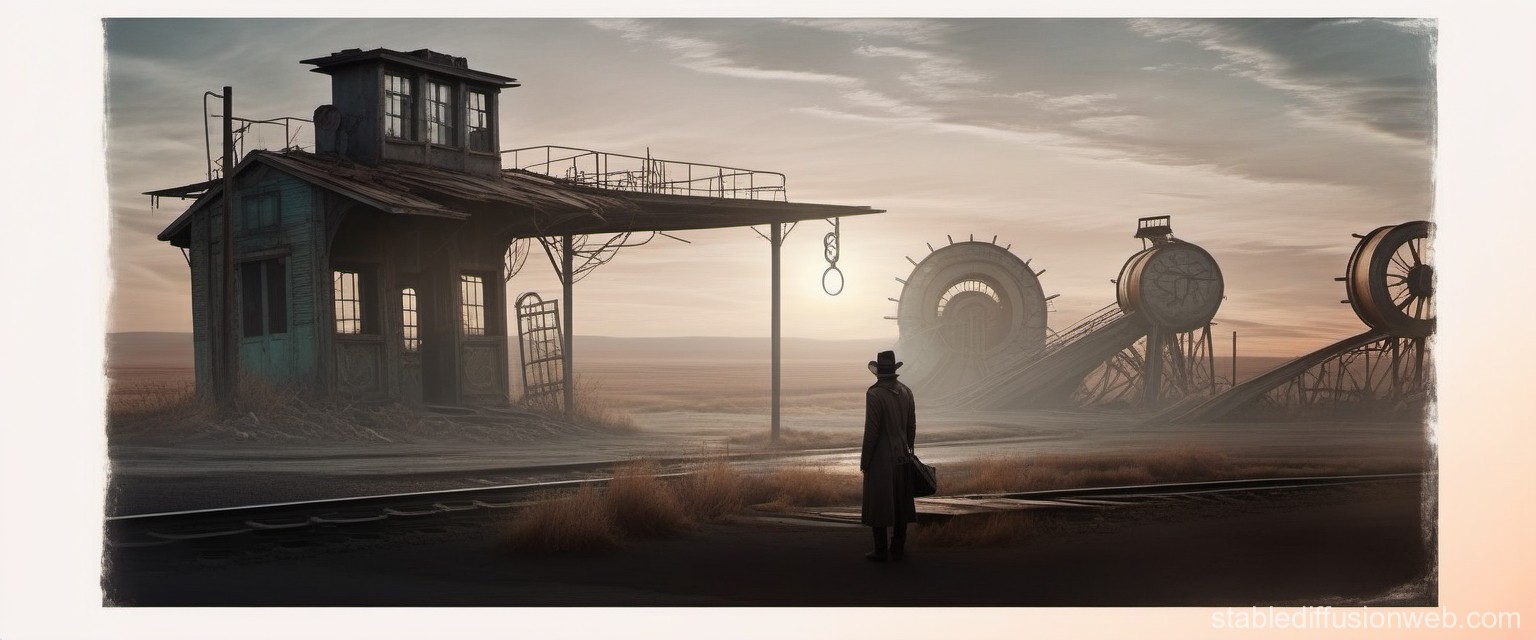 Mysterious Figure at Abandoned Industrial Site at Dusk