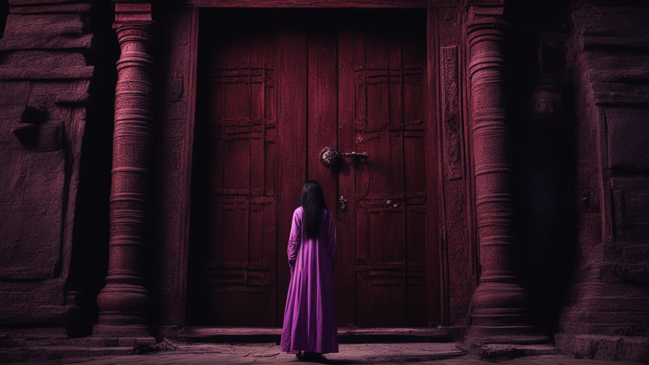 Mysterious Figure Facing Ancient Door at Night
