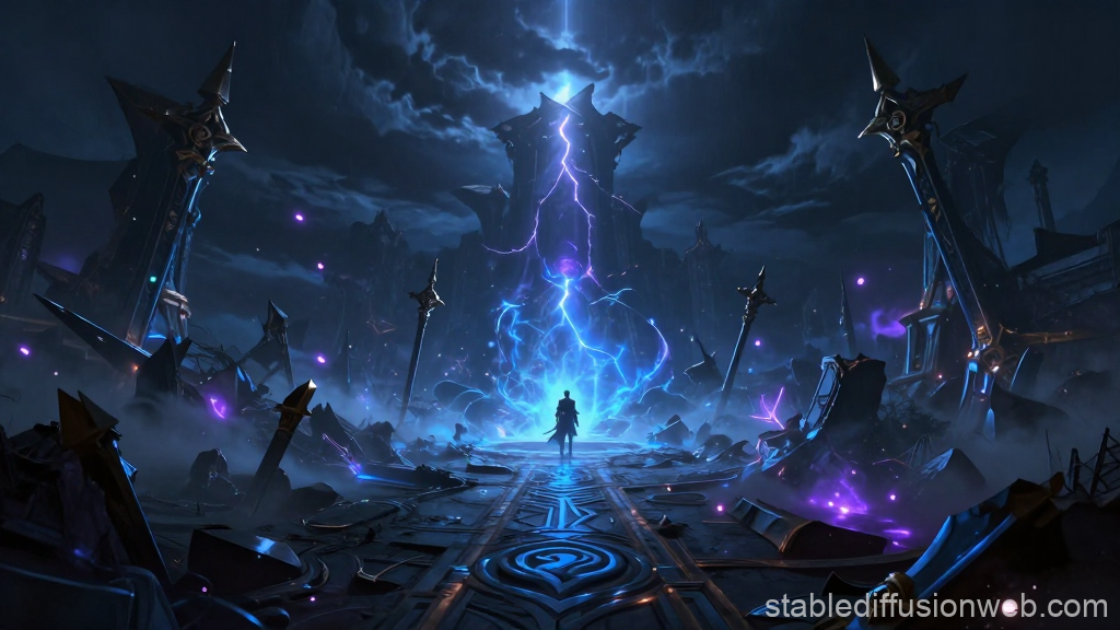 Mysterious Figure Facing Arcane Energy in Ruined Dark Fortress