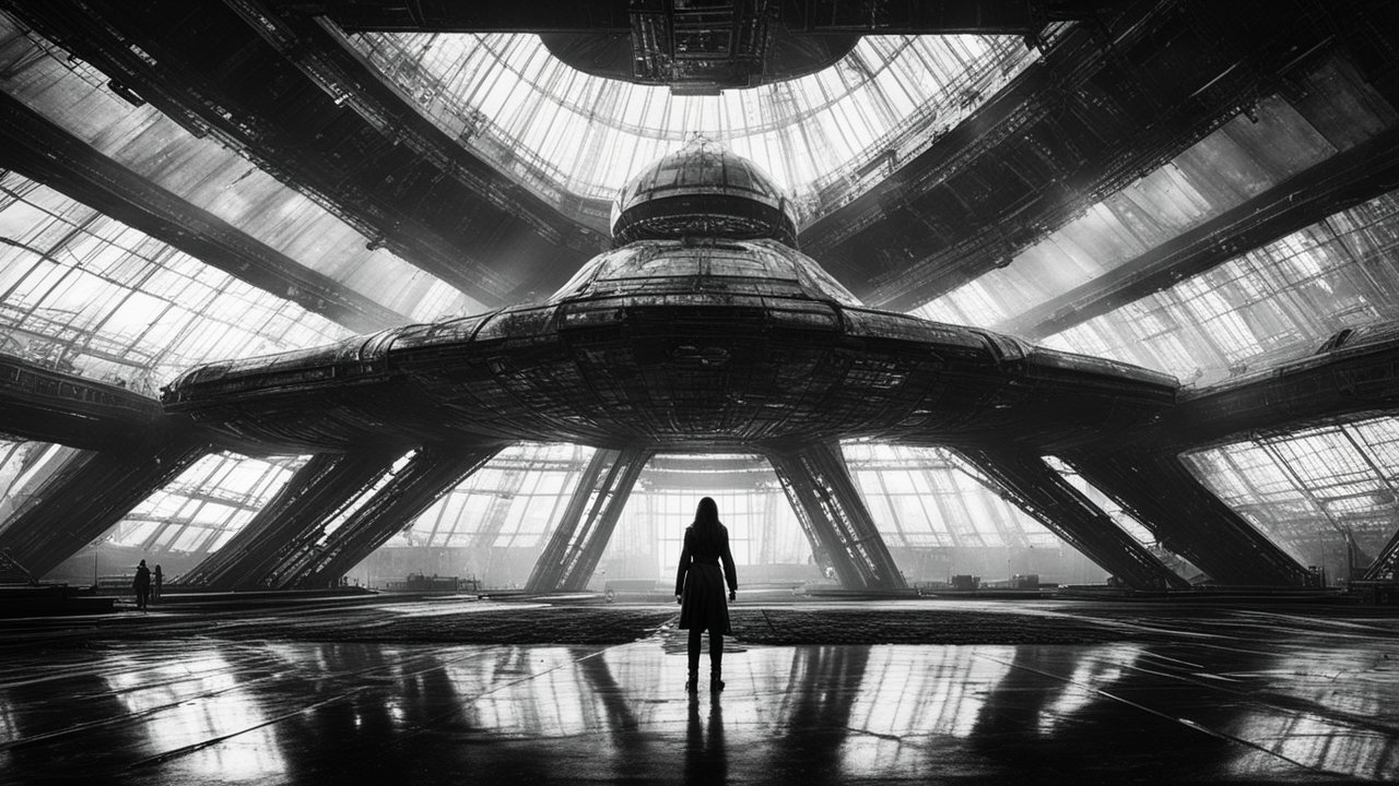 Mysterious Figure Facing Gigantic Futuristic Structure