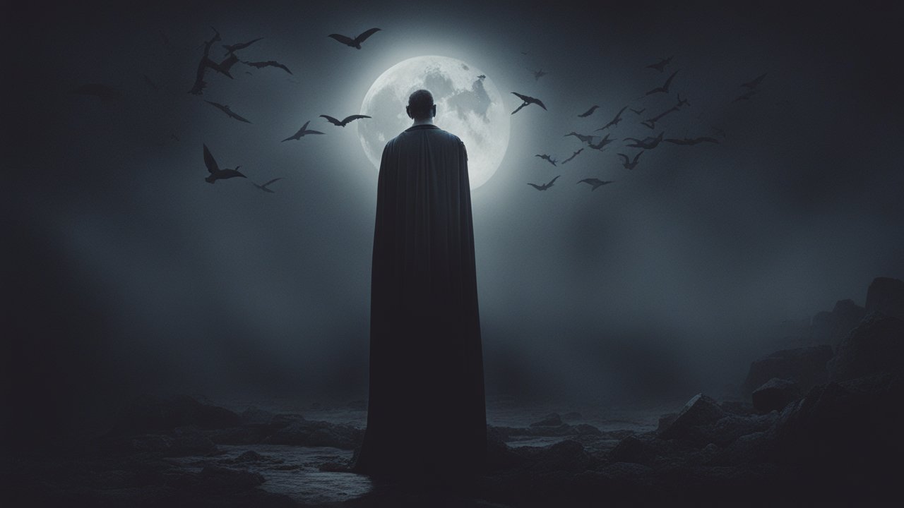 Mysterious Figure in Cape Under Full Moon with Flying Bats