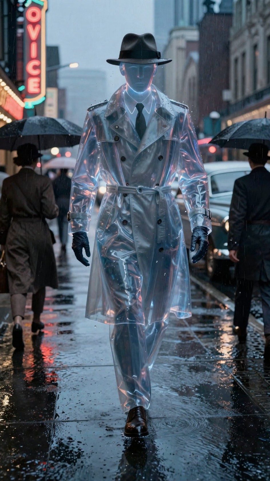 Mysterious Figure in Transparent Trench Coat on Rainy City Street