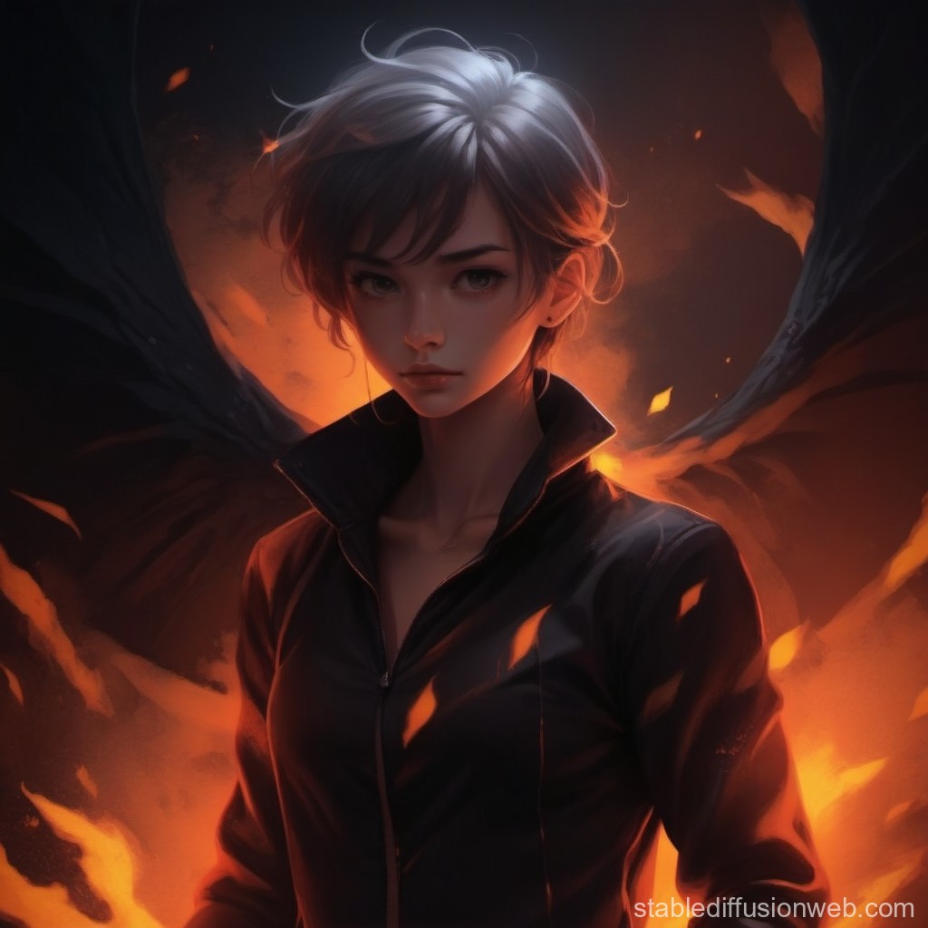 Mysterious Figure with Fiery Wings in Dark Atmosphere