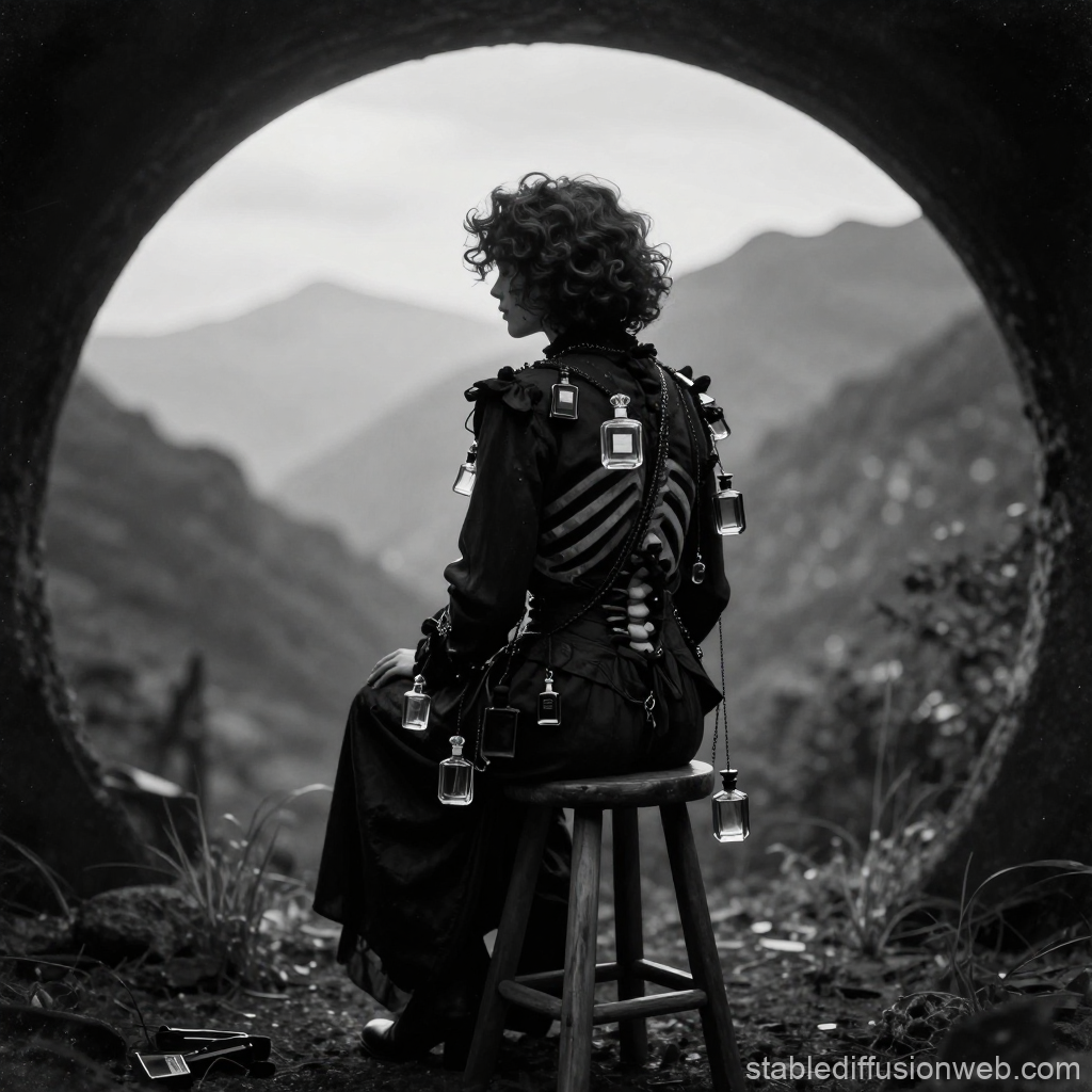 Mysterious Figure with Perfume Bottles in Mountain Tunnel