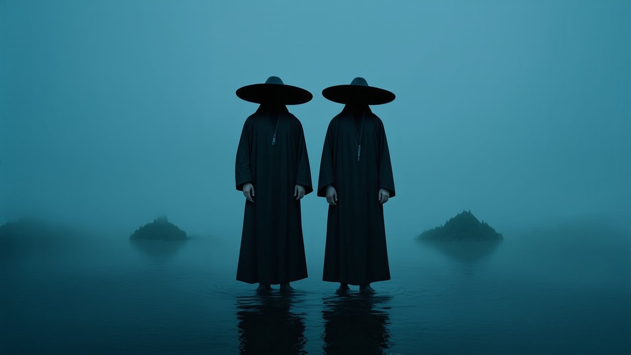 Mysterious Figures in Dark Robes Standing in Misty Water