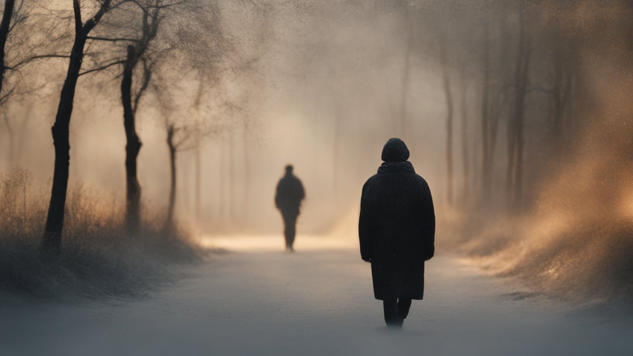 Mysterious Figures Walking Through Foggy Forest Path