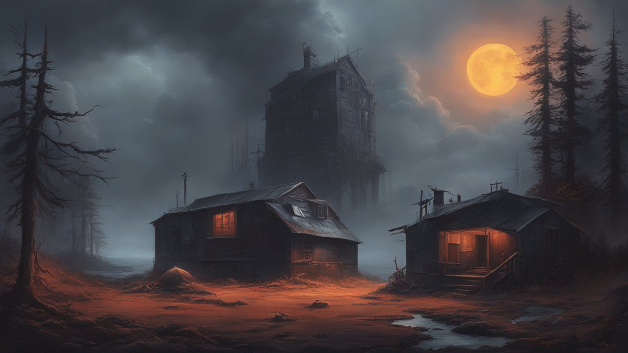 Mysterious Foggy Night with Abandoned Cabins and Full Moon