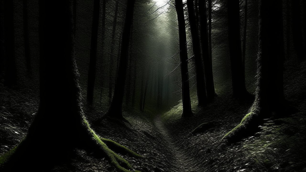 Mysterious Forest Path with Dim Light