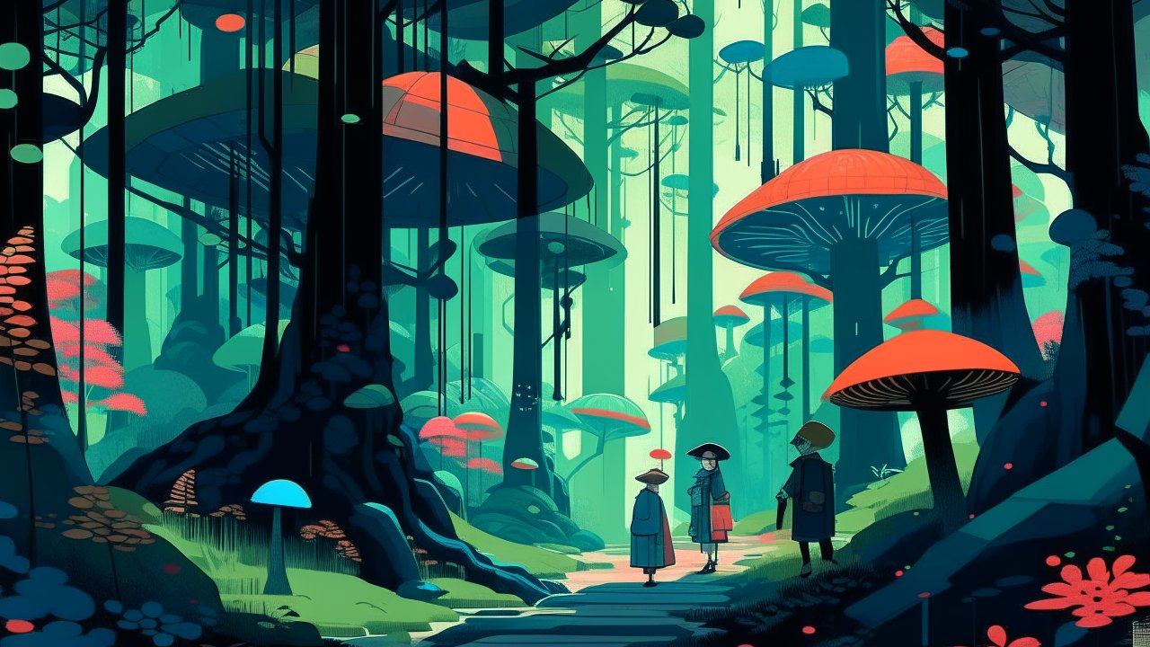 Mysterious Forest with Giant Mushrooms and Travelers