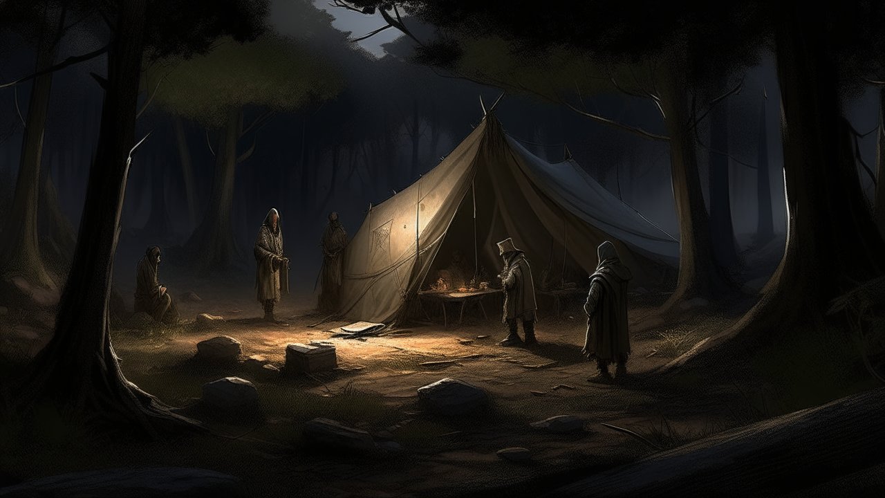 Mysterious Gathering Around a Tent in a Dark Forest