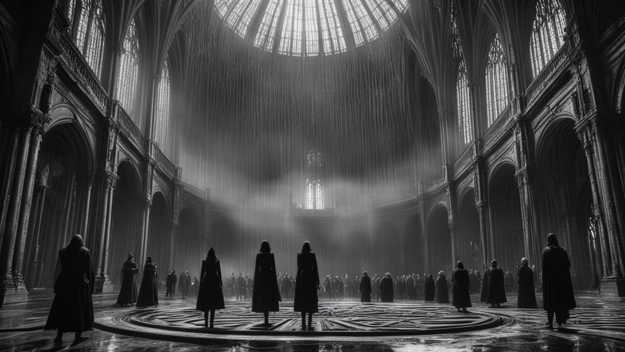 Mysterious Gathering in a Gothic Cathedral