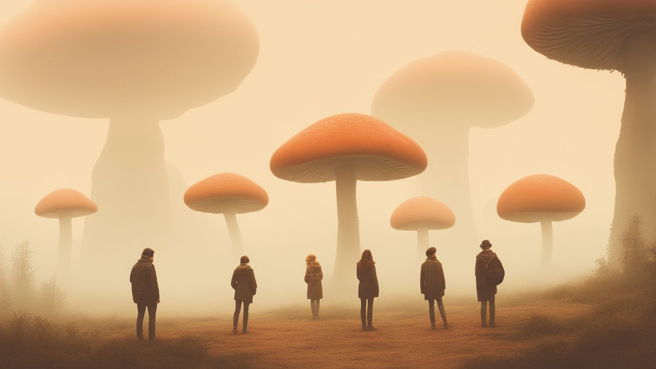 Mysterious Giant Mushrooms in Foggy Landscape