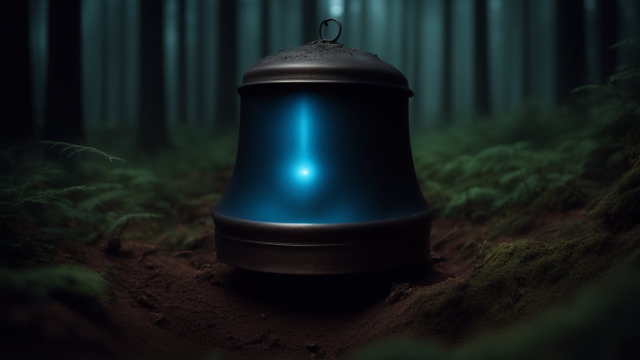 Mysterious Glowing Bell in a Dark Forest