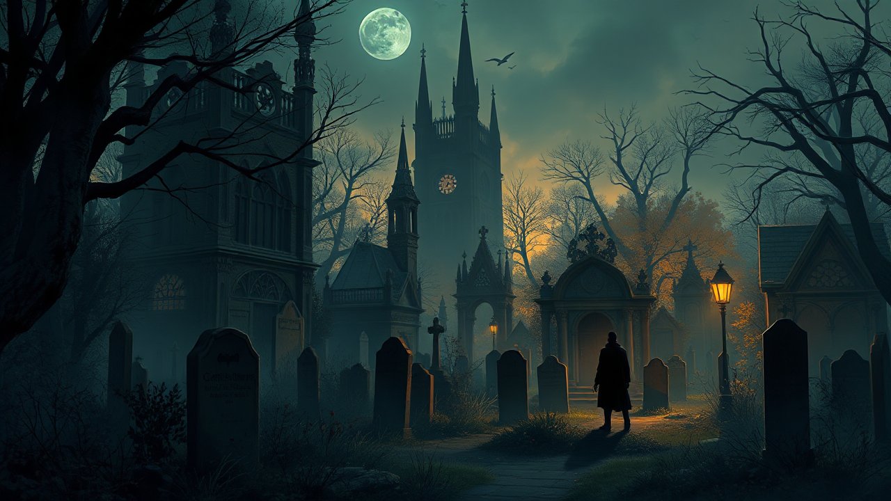 Mysterious Gothic Cemetery Under Full Moon