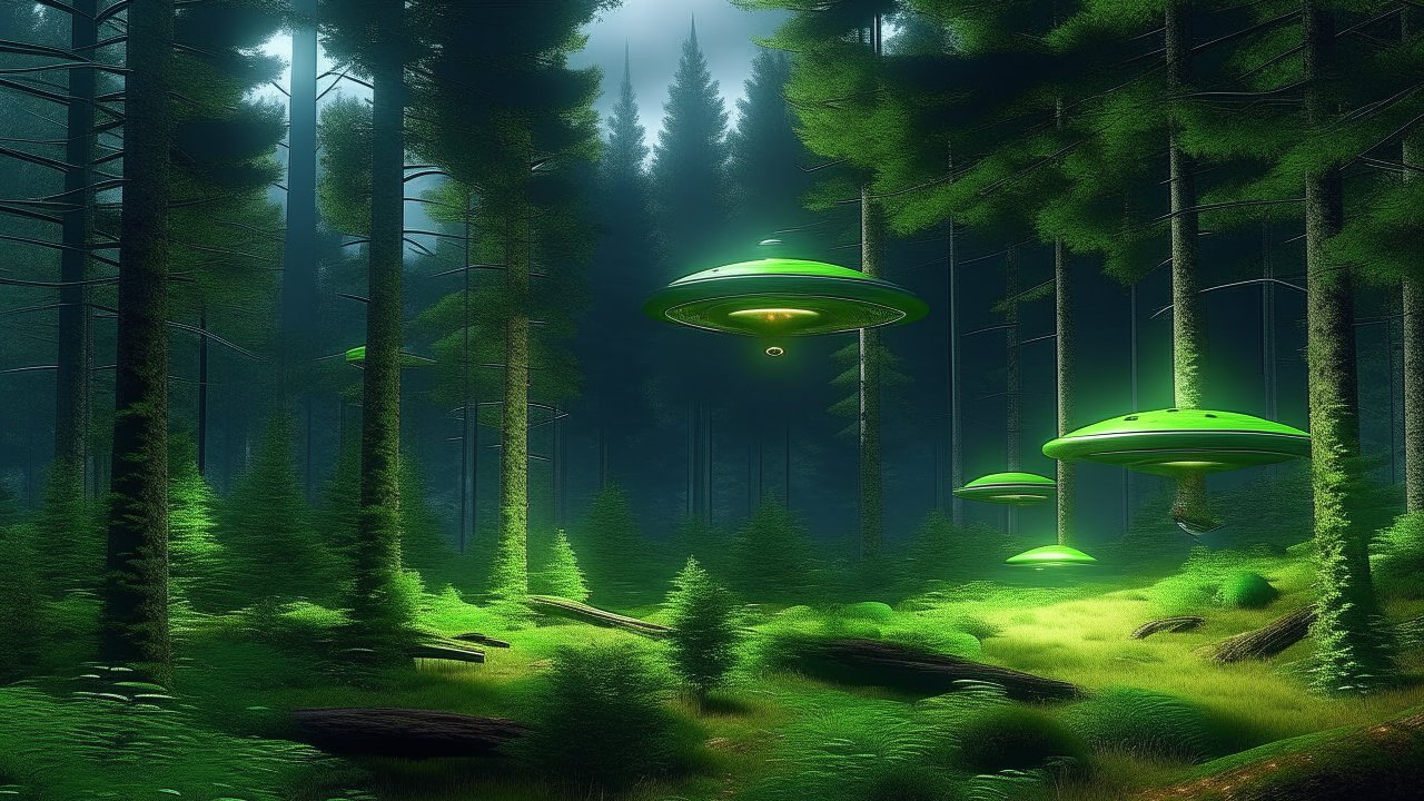 Mysterious Green UFOs Hovering in a Dense Forest