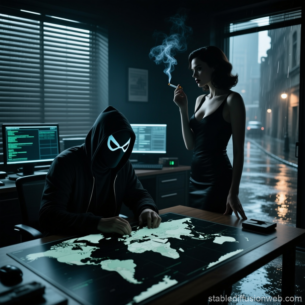 Mysterious Hacker and Woman in Dark Room with Digital World Map