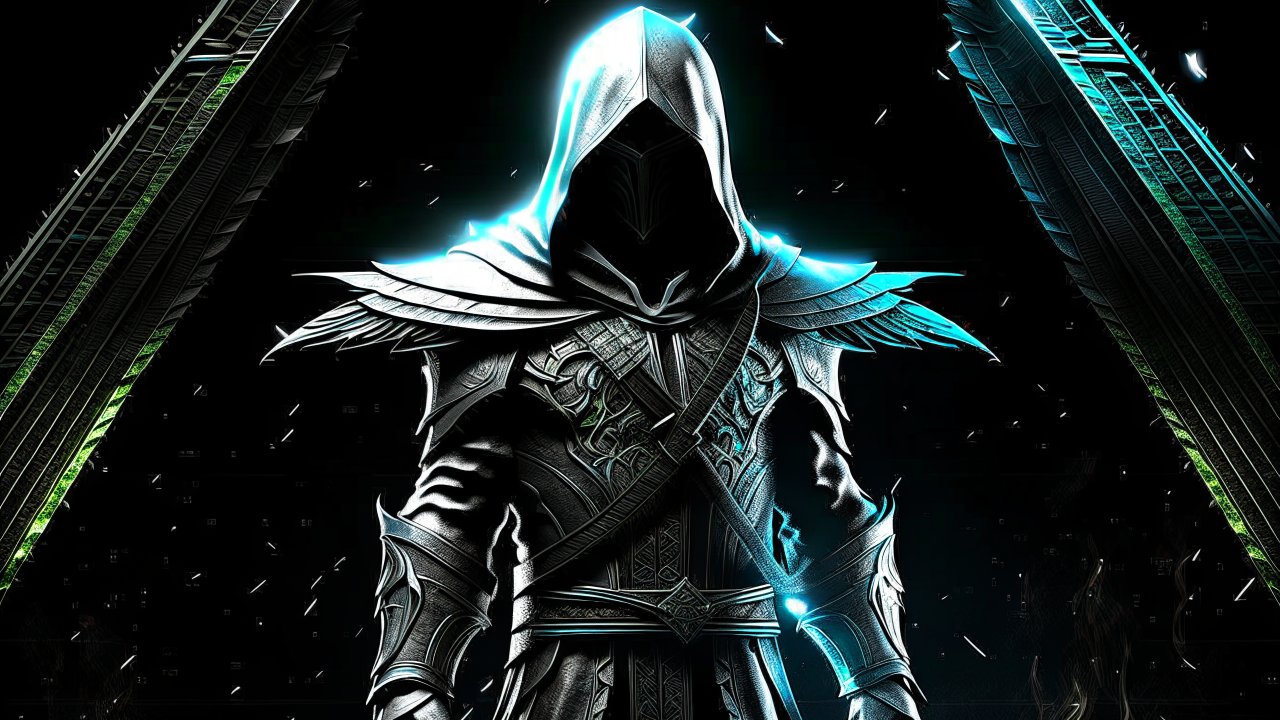 Mysterious Hooded Assassin in Futuristic Armor