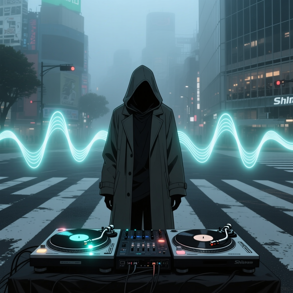 Mysterious Hooded DJ in Foggy Urban Night