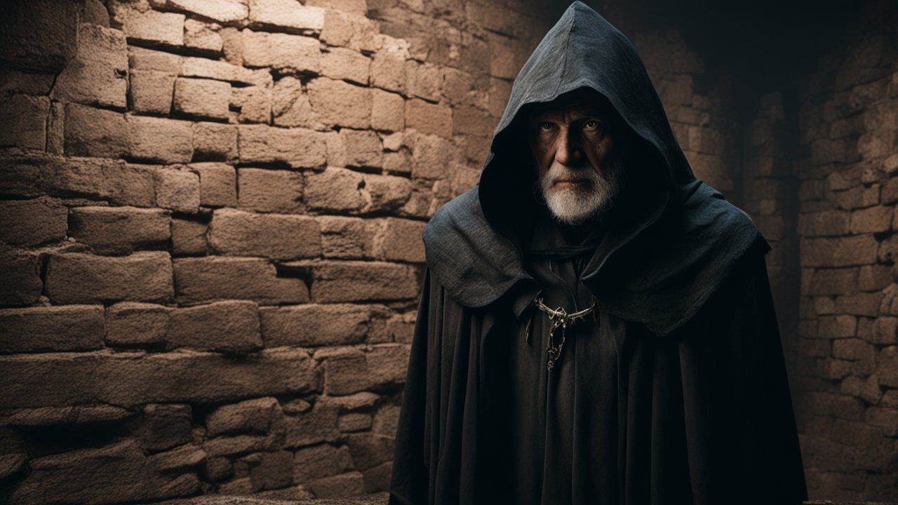 Mysterious Hooded Elder in Ancient Stone Chamber