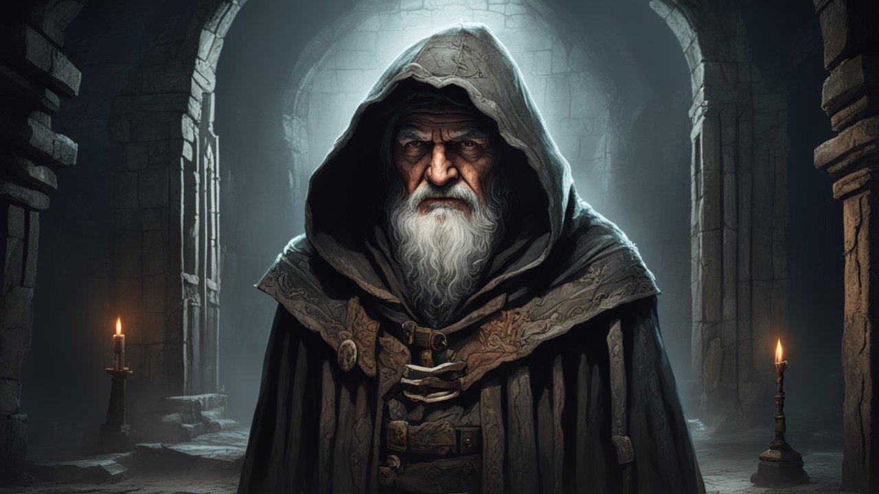 Mysterious Hooded Elder in Ancient Stone Chamber