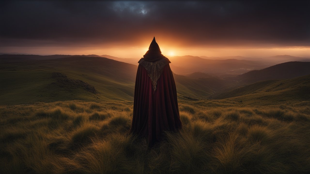 Mysterious Hooded Figure at Sunset in Rolling Hills