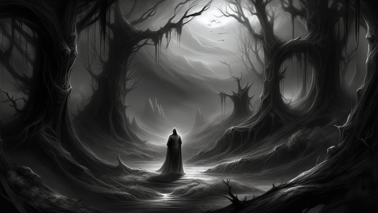 Mysterious Hooded Figure in Dark Enchanted Forest