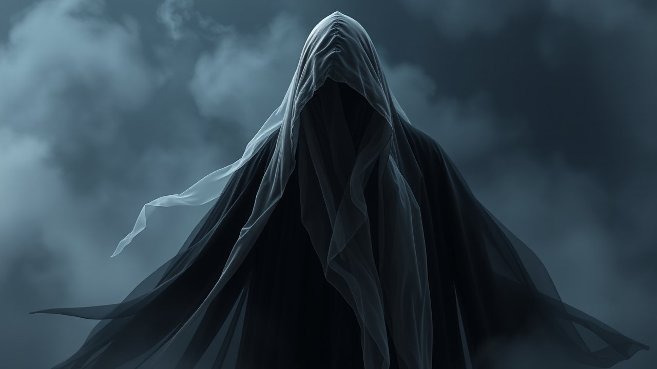 Mysterious Hooded Figure in Dark Mist