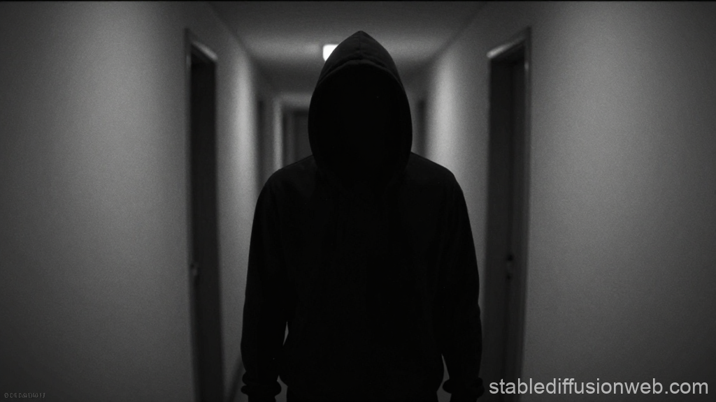 Mysterious Hooded Figure in Dimly Lit Hallway