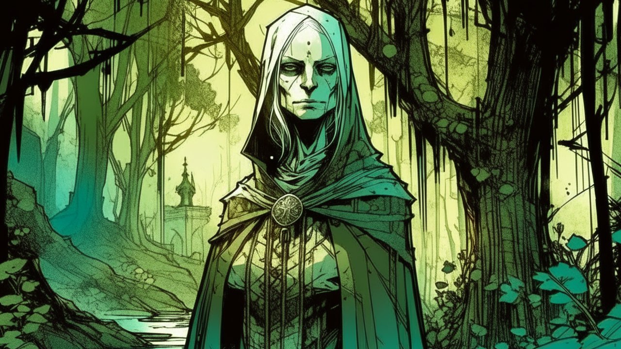 Mysterious Hooded Figure in Enchanted Forest