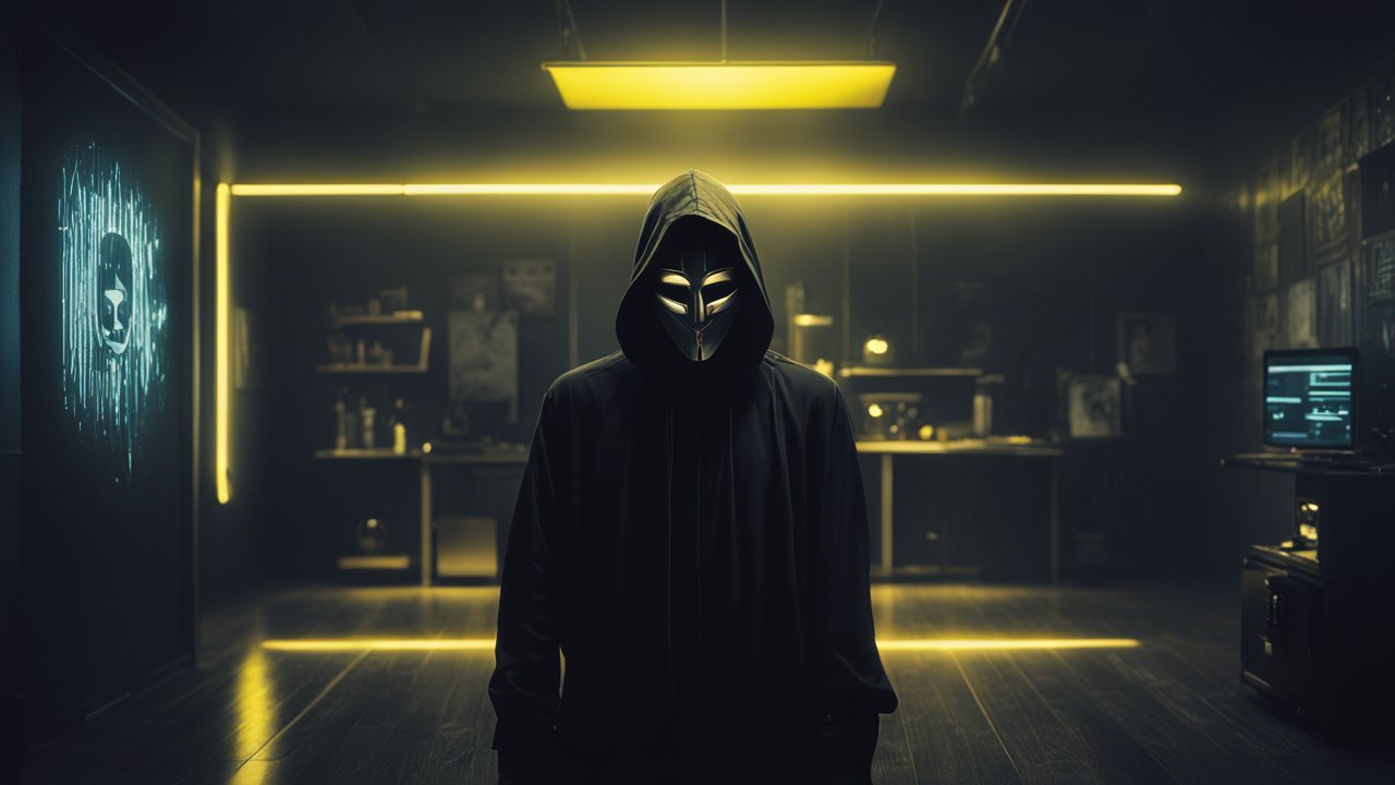 Mysterious Hooded Figure in Neon-Lit Room