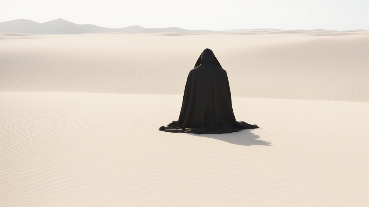 Mysterious Hooded Figure Sitting Alone in Vast Desert