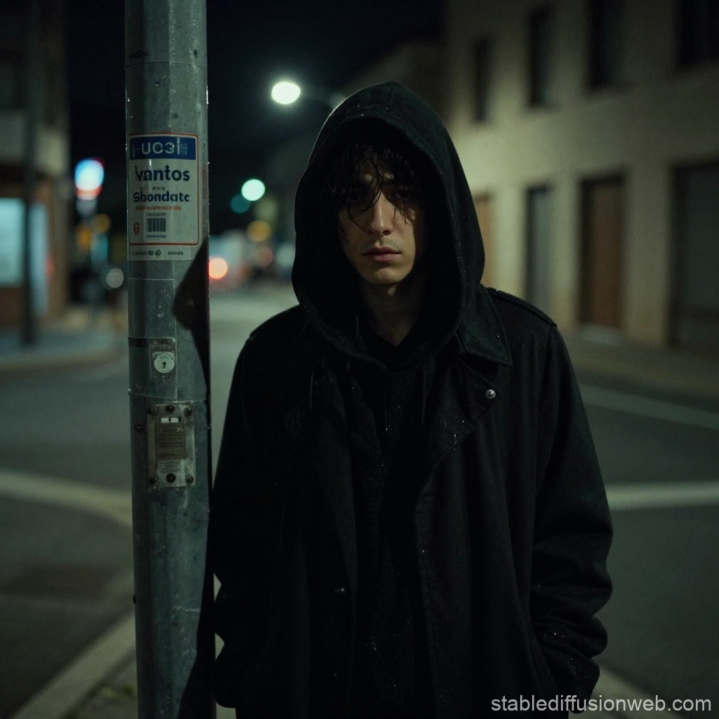 Mysterious Hooded Figure Standing on a Dimly Lit Street